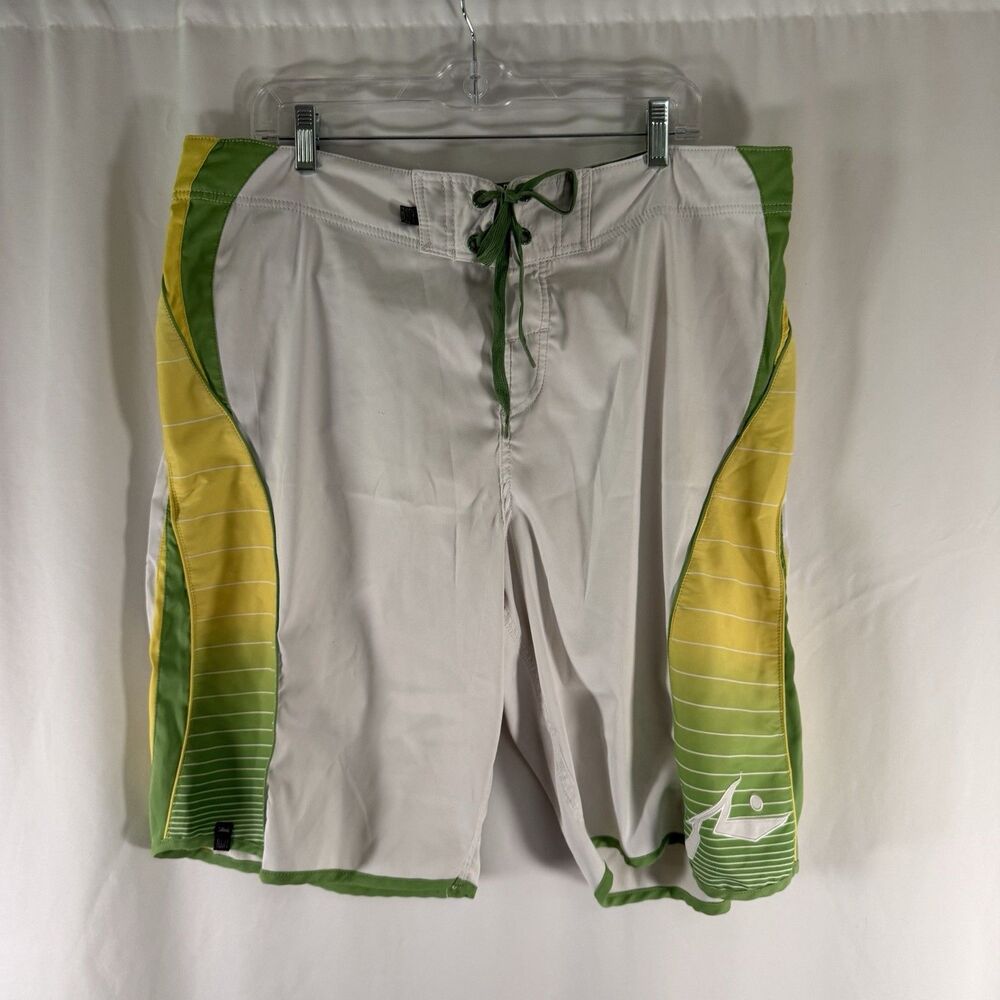 Rusty Board Shorts Men's 36 White Green Drawstring Hook Loop 10" Inseam